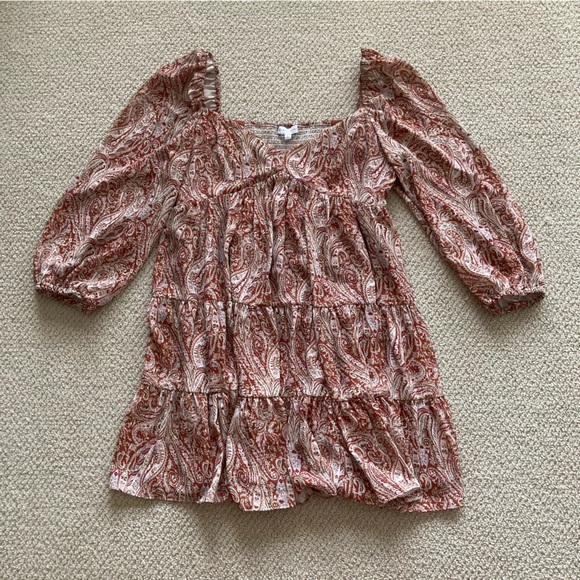 Gianni Bini Dresses & Skirts - Gianni Bini Smocked Puff Sleeve Dress Square Neck Paisley Brown Size Large VEUC